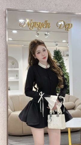 Đầm liền dáng xòe cổ tròn phối tay loe buộc nơ (O26)