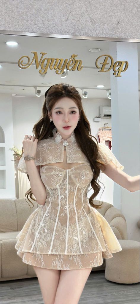 Đầm kim sa ren lưới kèm choàng (S08)