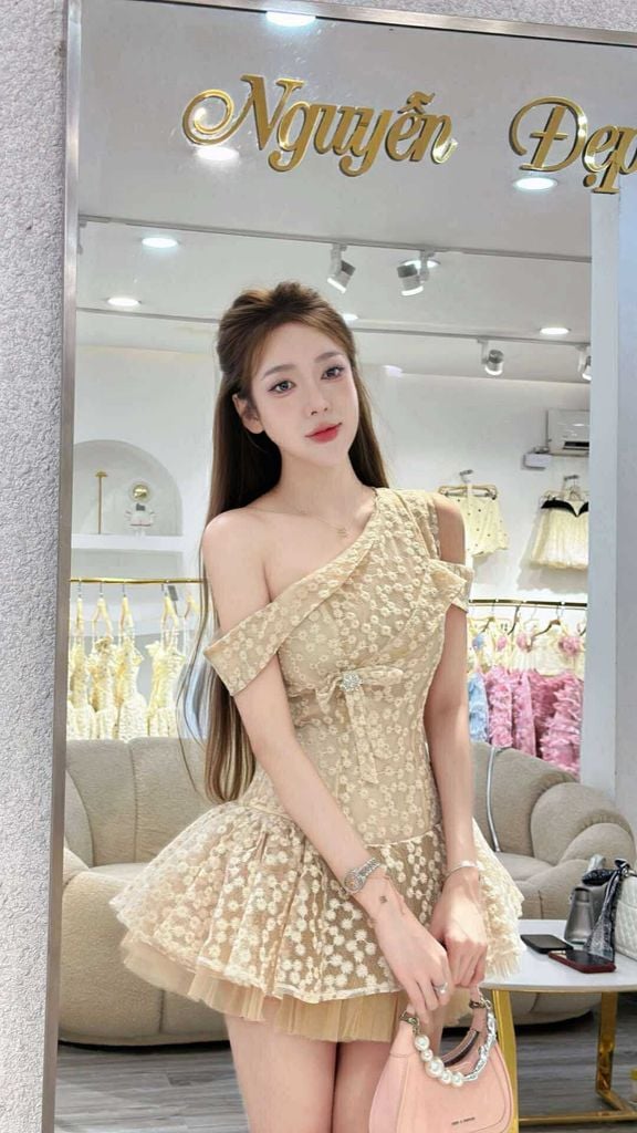 Đầm ren hoạ tiết hoa from bồng kiểu rớt vai (K03)