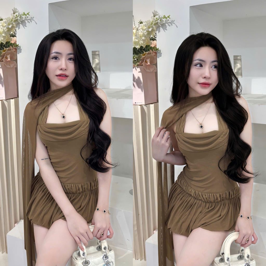 Đầm thun lưới dẻo và cổ choàng sang chảnh ( S18 )