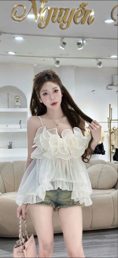 Áo hai dây voan nhún bèo dáng babydoll (Q59)