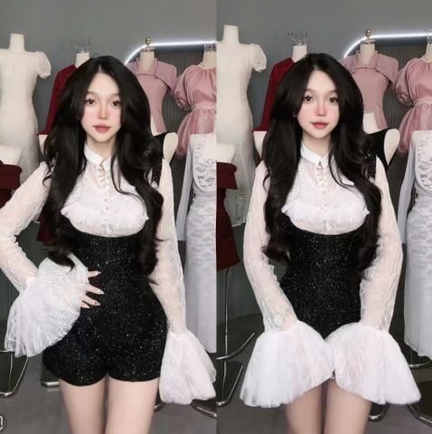 Set quần yếm dạ phối áo ren tay dài