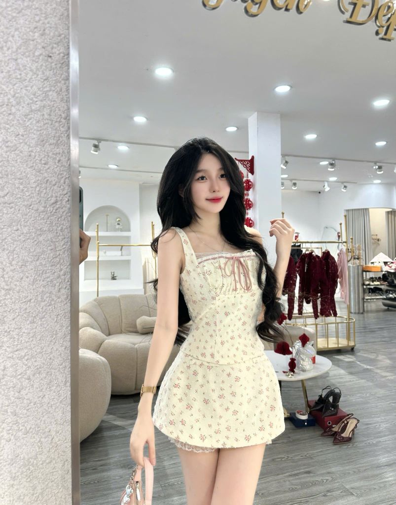 Set áo 2 dây hoa nhí phối chân váy form A (P49)