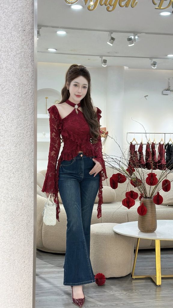 Áo Ren Cổ Yếm Khoét Vai Tay Dài Bèo Tà (L78)