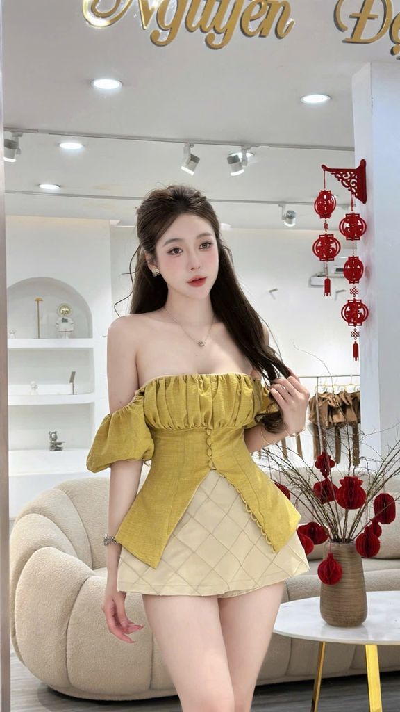 Set Áo Bẹt Vai Vải Linen Cài Nút – Chân Váy from A (P02)