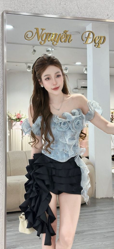 Áo Bẹt Vai Phối Hoa Voan (U14)