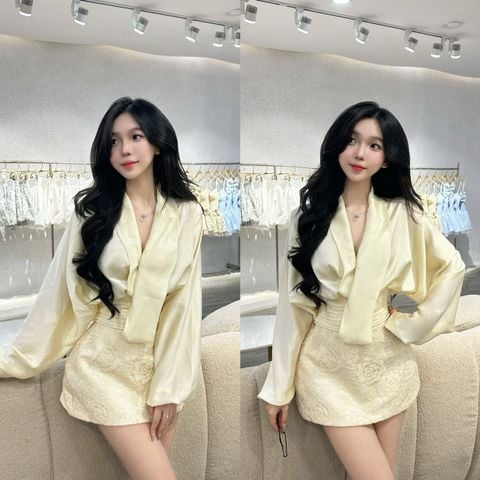 Set áo lụa đắp chéo tay bồng phối chân váy ren hoa (J15)