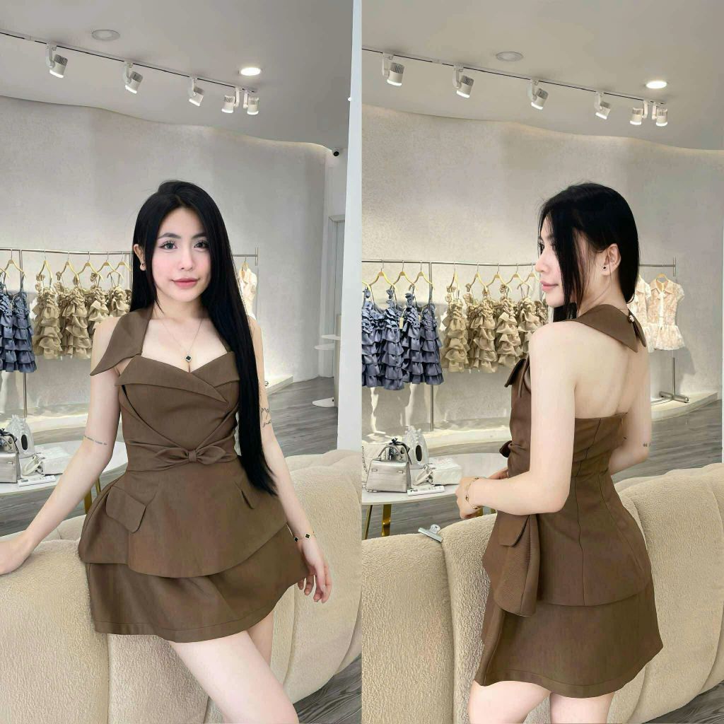 K55_set Áo Nơ Peplum Tinh Tế Kèm Chân Váy A Chất Bố Hàn