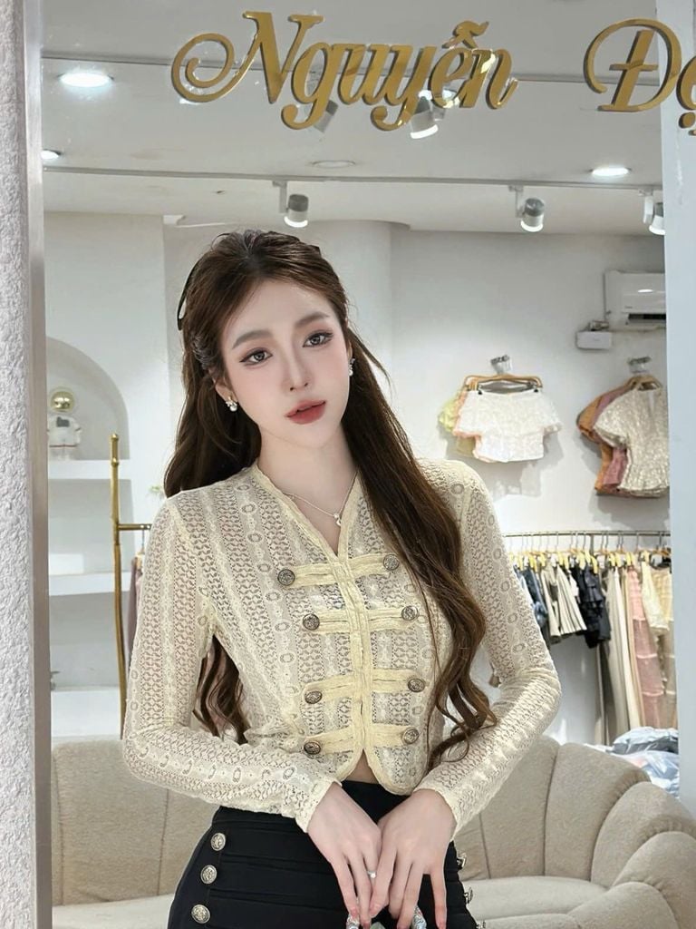 Áo Dệt Kim Tay Dài Phối Cúc Kim Loại (V15)