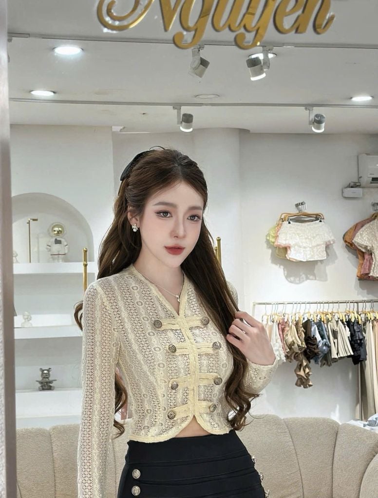 Áo Dệt Kim Tay Dài Phối Cúc Kim Loại (V15)