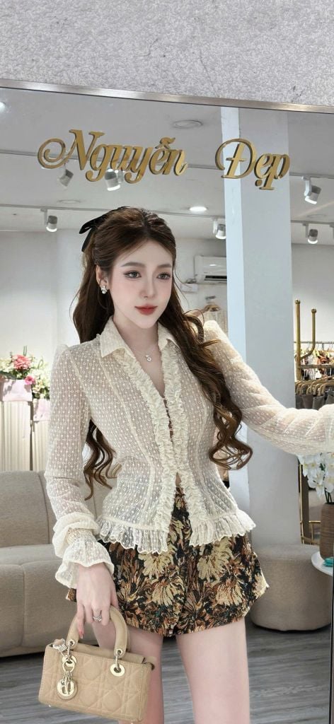 Set Áo Ren Tay Dài Phối Quần Hoa (V10)