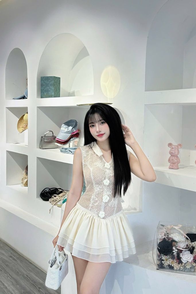 Đầm lưới tầng bling phối hoa cổ V (f29)