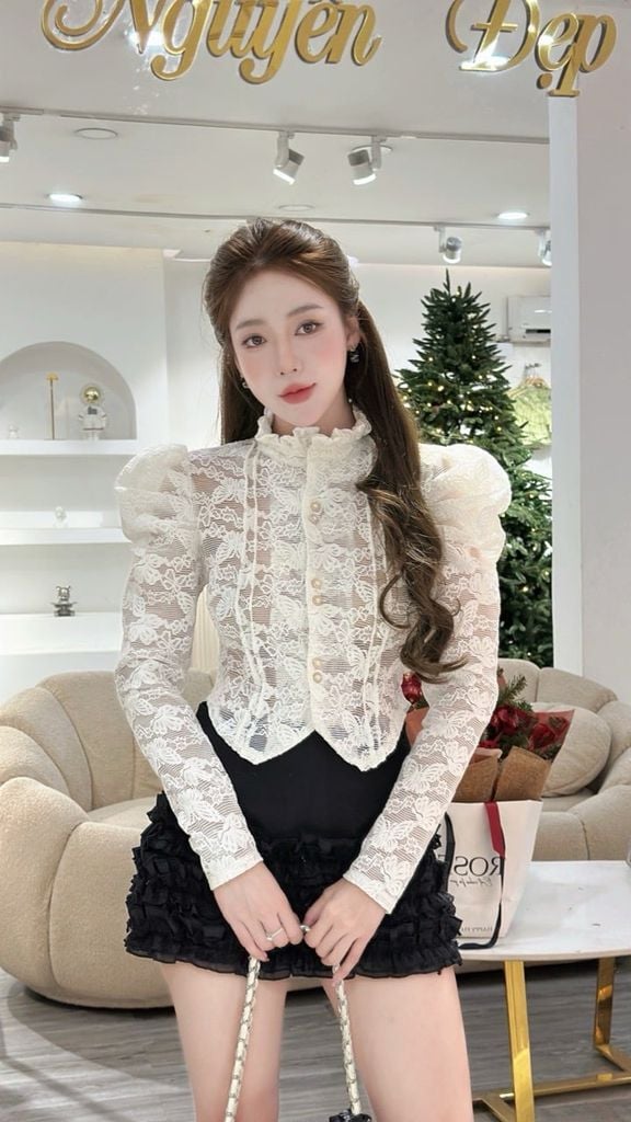 Áo ren hoa nổi dáng chiết eo tay phồng tiểu thư (L22)