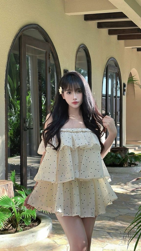 Đầm voan tầng bẹt vai viền bính hoạ tiết chấm bi (G58)