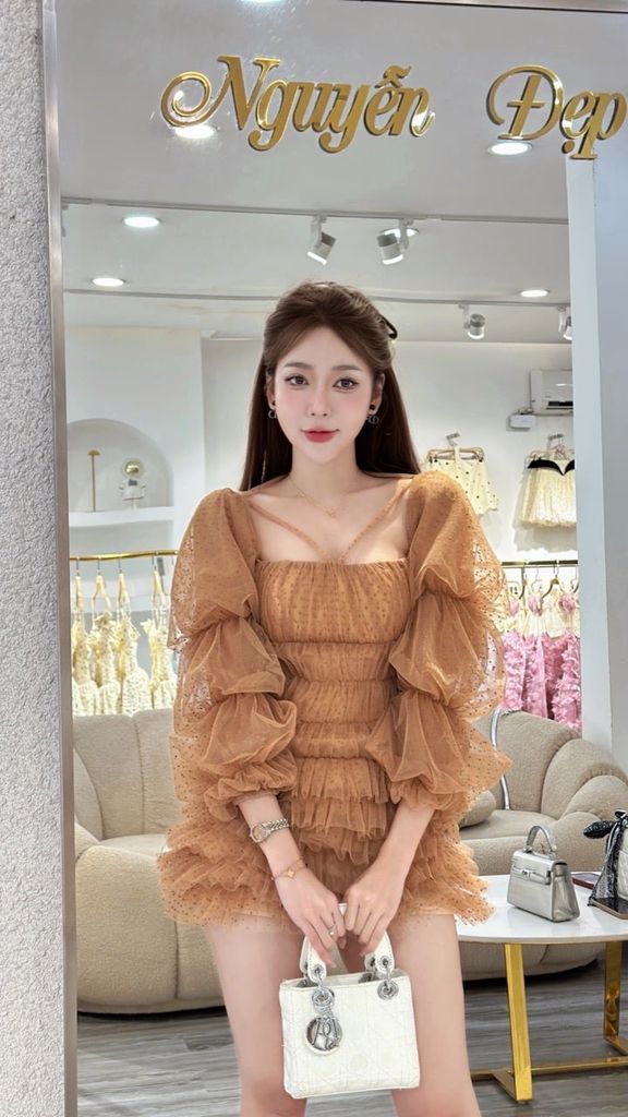 K31_Đầm lưới bi bèo tầng tay bồng