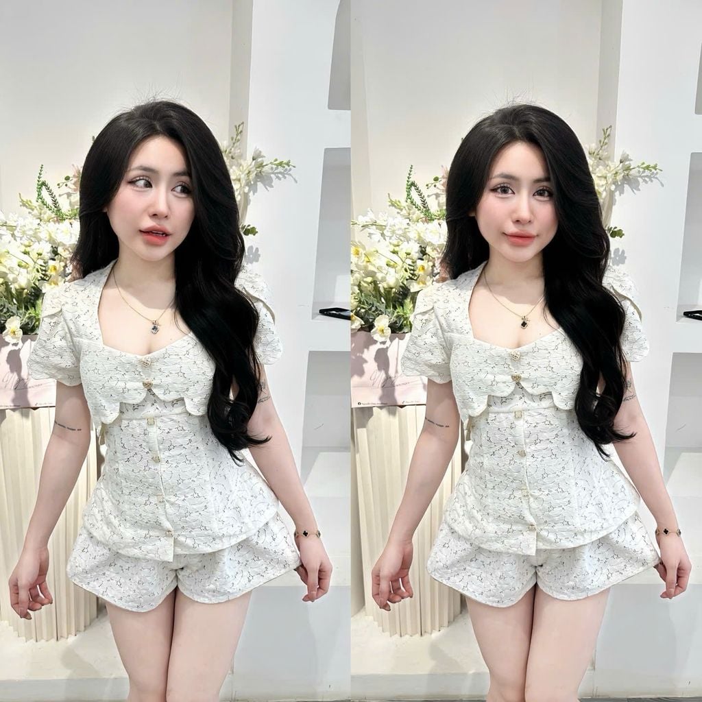 Set Áo Ren Cổ Bèo Phối Quần Short (V14)