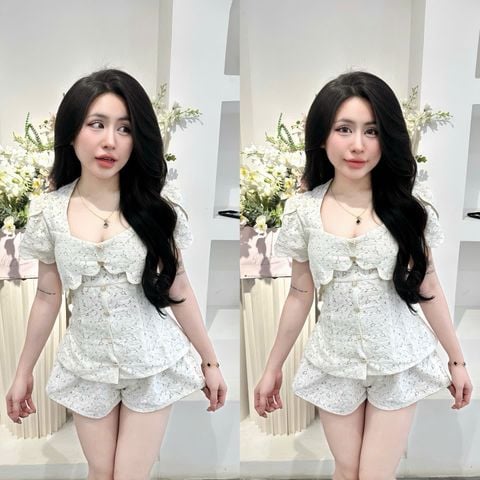 Set Áo Ren Cổ Bèo Phối Quần Short (V14)