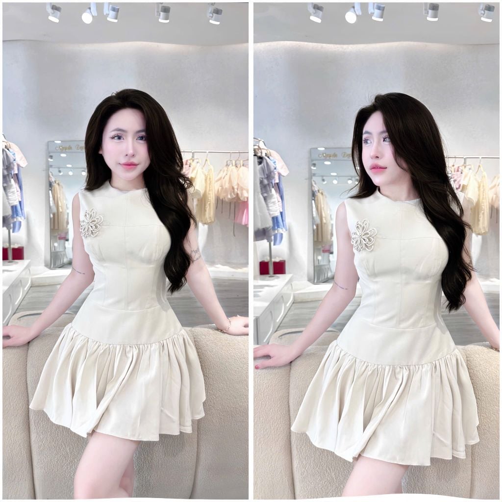 Đầm yếm lenim from xoè đính hoa (G51)