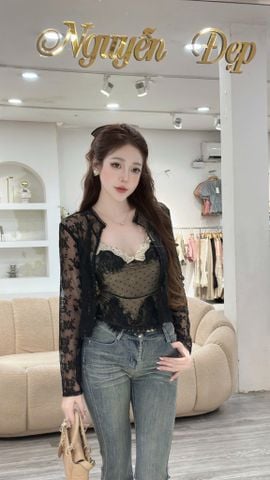 Áo hai dây lưới thun phối ren kèm áo khoác (X03)