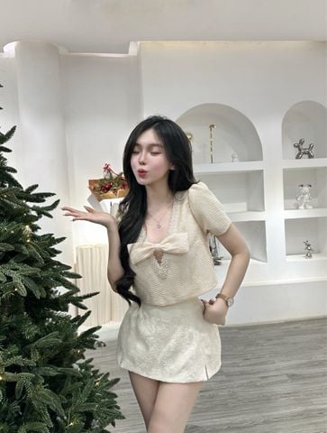 Set áo kim sa cổ V nơ kim sa phối cv gấm (L48)