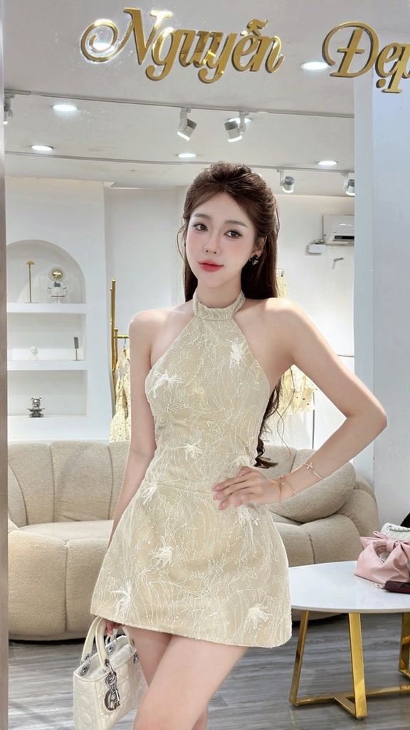 Đầm yếm ren hoạ tiết ren kim sa phối choàng (K48)