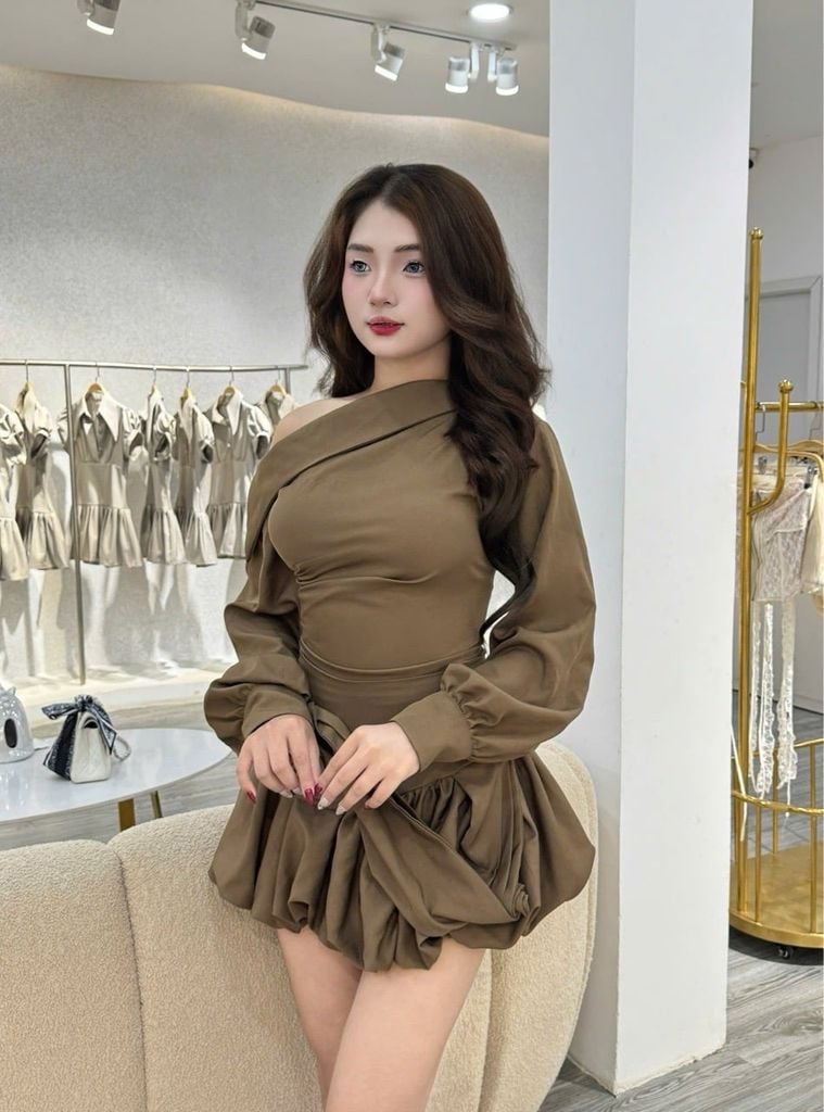 Set áo dài tay lệch vai phối cv bí đính hoa (K71)