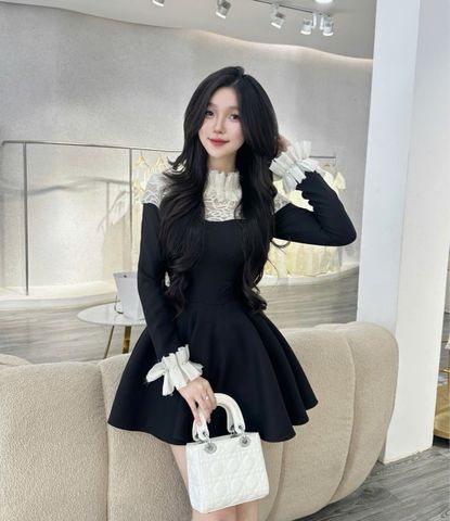 Đầm dài tay phối ren viền cúc ngọc (K80)