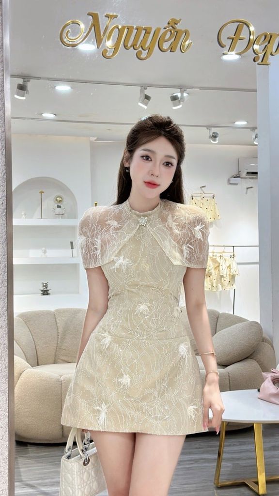 Đầm yếm ren hoạ tiết ren kim sa phối choàng (K48)