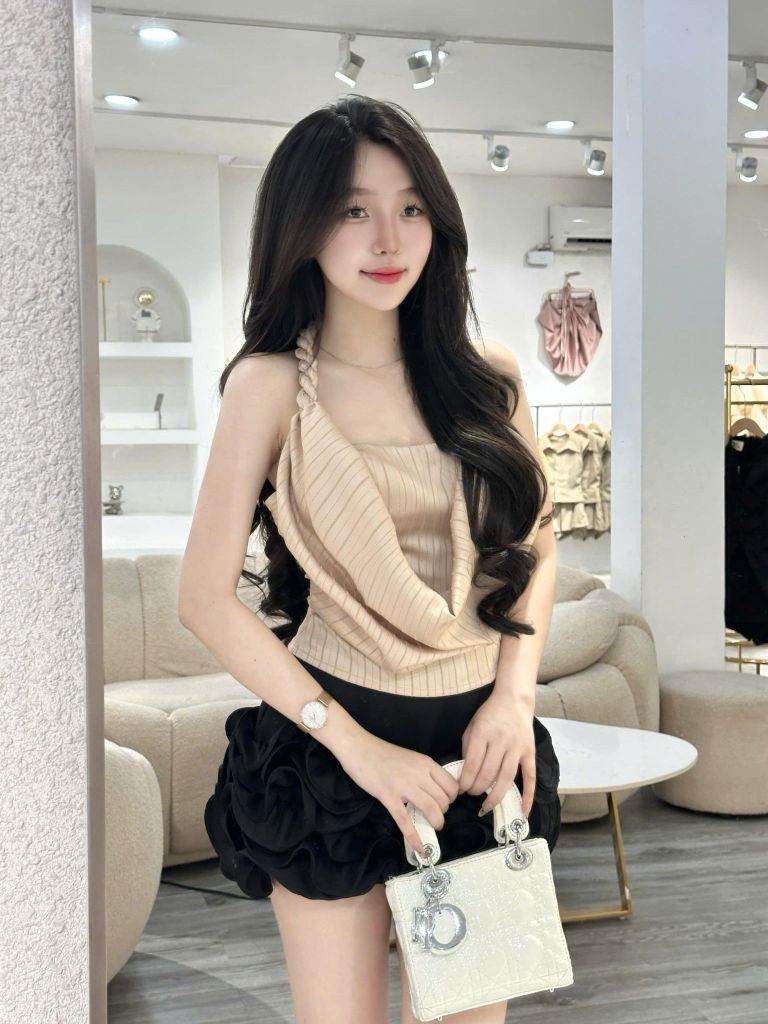 Áo lụa sọc cổ đỗ phối dây bính (H13)
