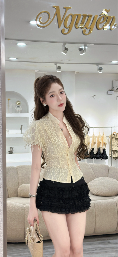 Áo tay bồng cổ V phối lưới tua rua (P52)
