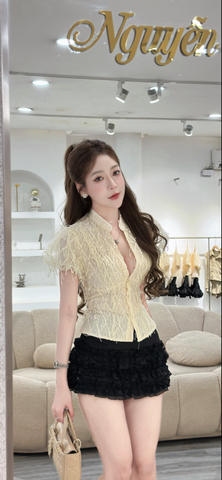 Áo tay bồng cổ V phối lưới tua rua (P52)