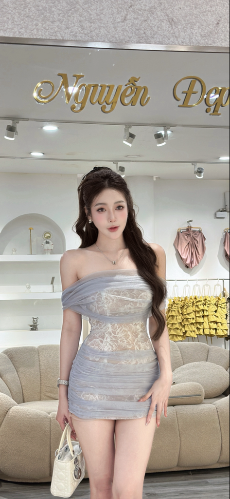 Đầm body ren phối lưới xuyên nhẹ trễ vai sang chảnh (R17)