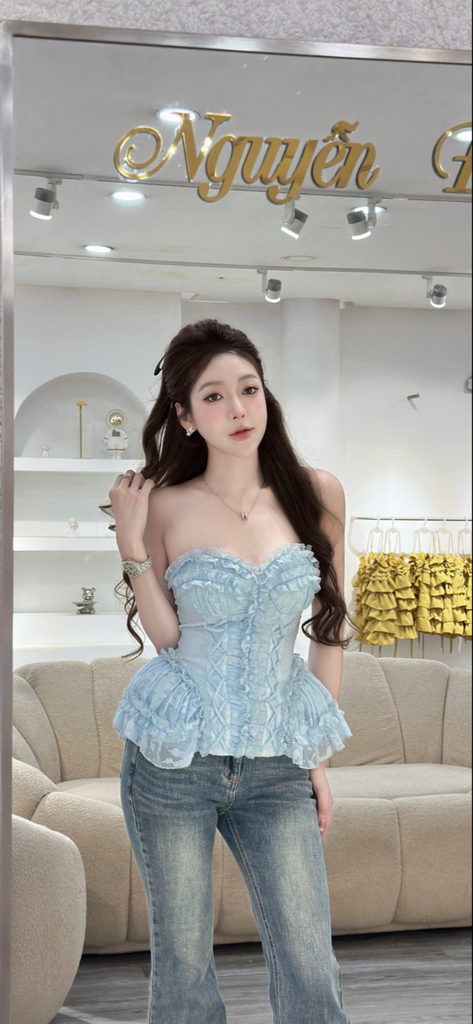 Áo cúp ngực xếp ly nhún bèo dáng ôm body phần eo xòe nhẹ (Q15)