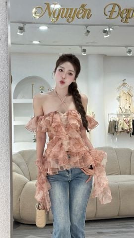 Áo trễ vai bèo nhún loang màu (S30)