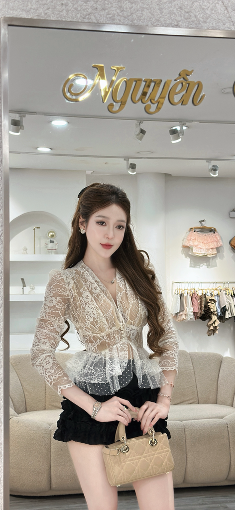 Set Áo Ren Dài Tay Cổ V Phối Chân Váy (V09)