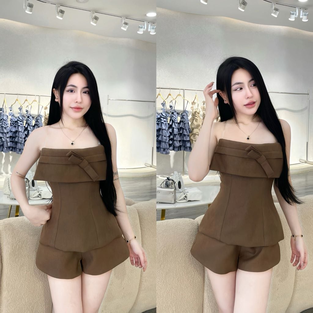 Set áo đính nơ kiểu phối quần short L01