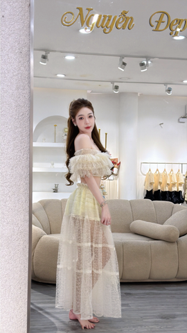 Set áo bẹt vai bo chun phối chân váy lưới hoa dáng dài (Q28)