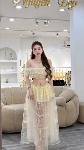 Set áo bẹt vai bo chun phối chân váy lưới hoa dáng dài (Q28)