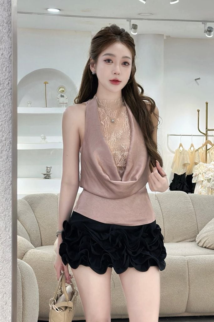 Set áo lụa cổ đỗ phối ren và chân váy bèo hoa (Q36)