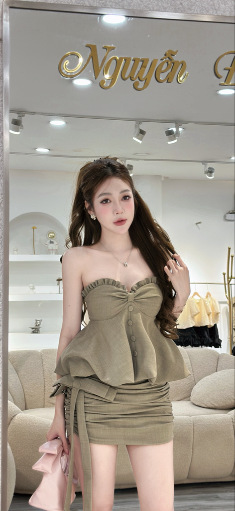 Set áo cup nhún ngực viền bèo dáng peplum và chân váy ngắn ôm body (Q56)