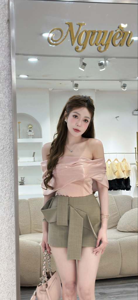 Set áo bẹt vai phối chân váy nơ cách điệu (Q58)