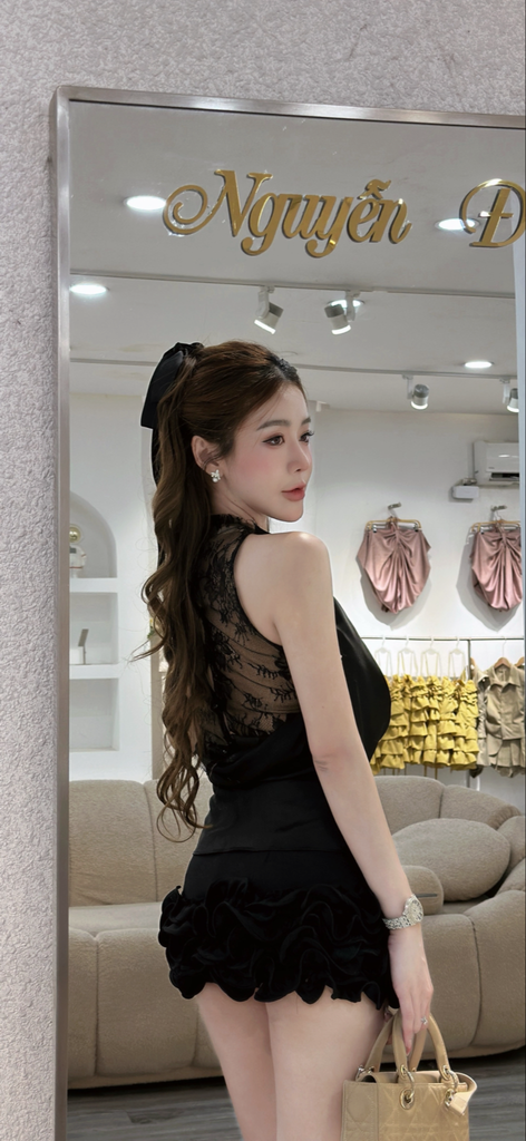 Set áo lụa cổ đỗ phối ren và chân váy bèo hoa (Q36)