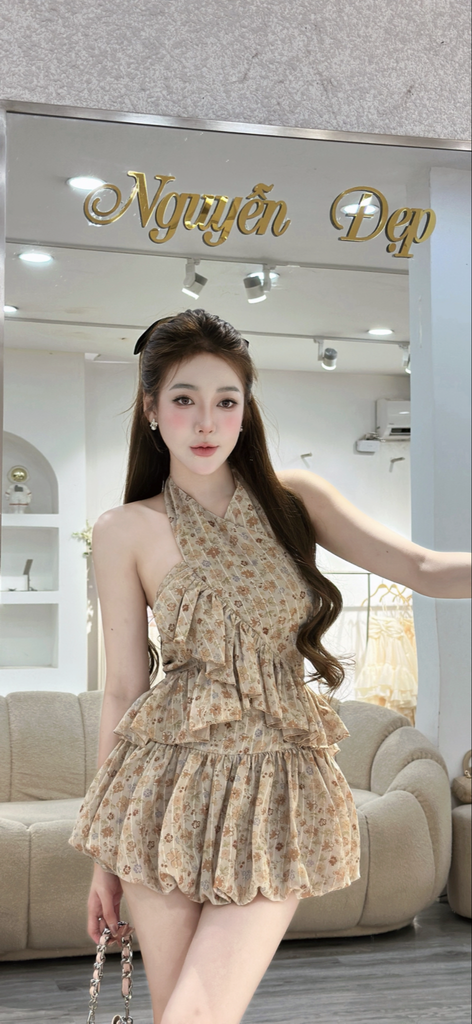 Set áo cổ yếm tầng bèo phối chân váy ngắn bồng (R41)