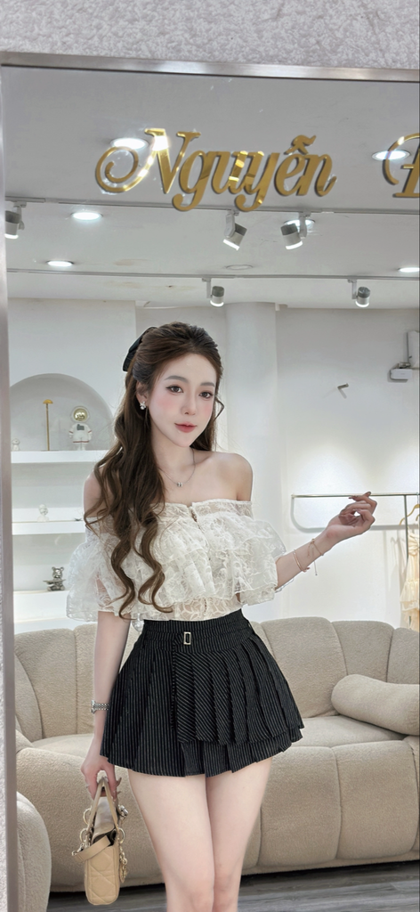 Áo ren bẹt vai phối tầng bèo (R50)