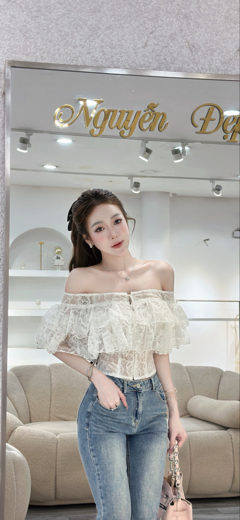 Áo ren bẹt vai phối tầng bèo (R50)