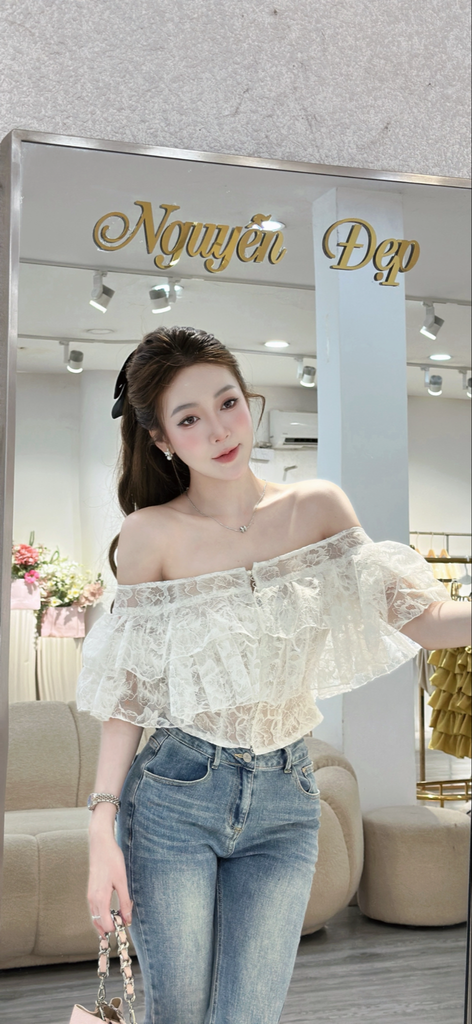 Áo ren bẹt vai phối tầng bèo (R50)
