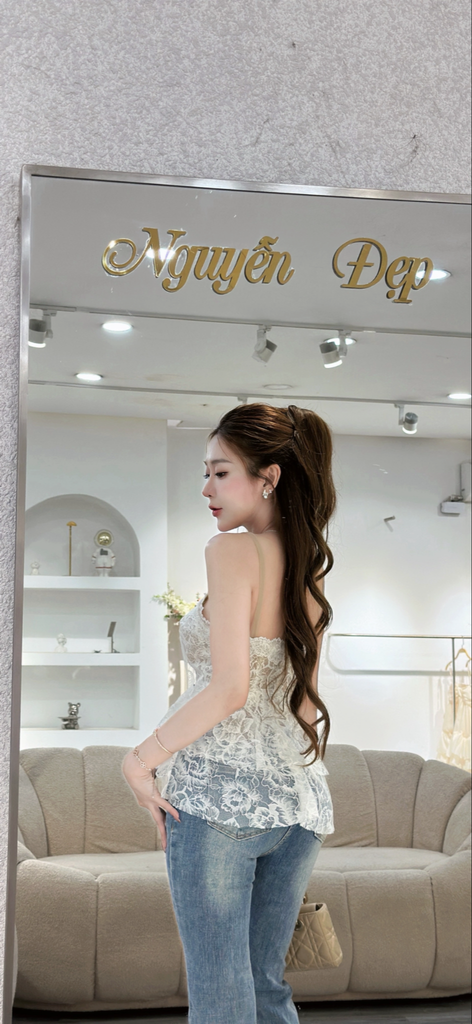 Áo 2 dây phối nơ tiểu thư và chân váy from chữ A (R49)