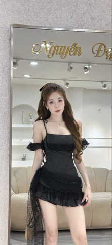 Set áo hai dây phối trễ vai kết hợp cùng chân váy  xếp ly dáng xòe (S03)
