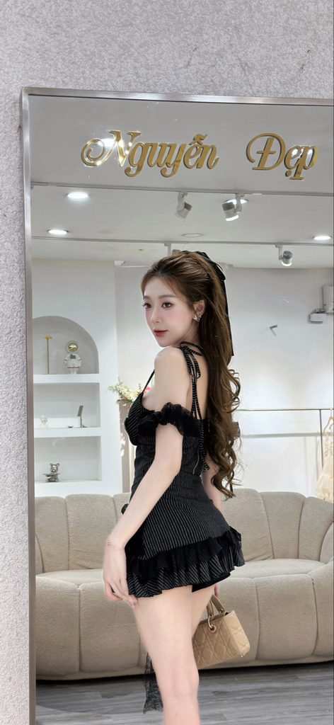 Set áo hai dây phối trễ vai kết hợp cùng chân váy  xếp ly dáng xòe (S03)