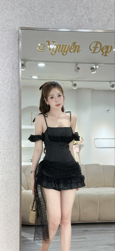 Set áo hai dây phối trễ vai kết hợp cùng chân váy  xếp ly dáng xòe (S03)
